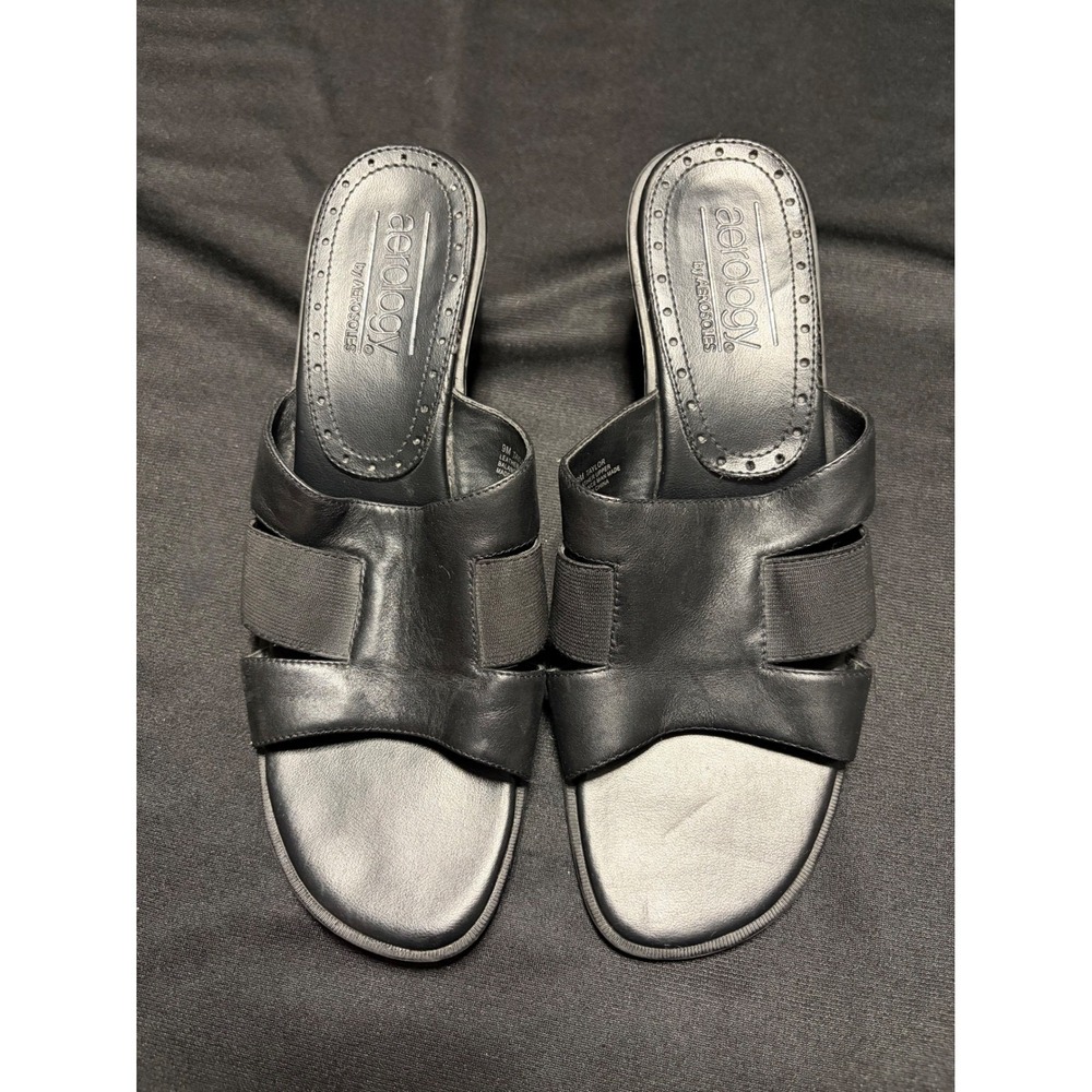 Aerosoles Women's 9 Black Leather Double Strap Block Heel Slide Sandals